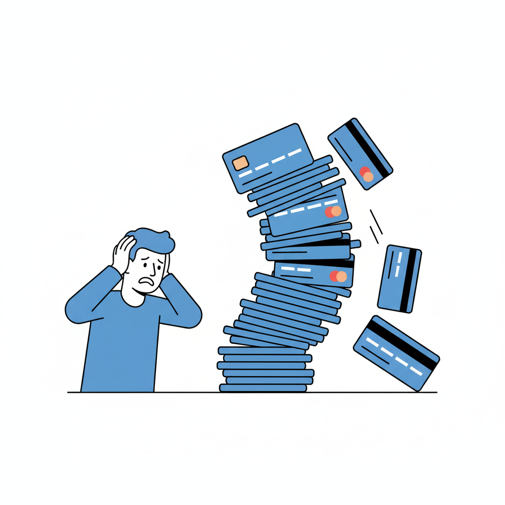 credit cards stacking like tower about to fall with overwhelmed person