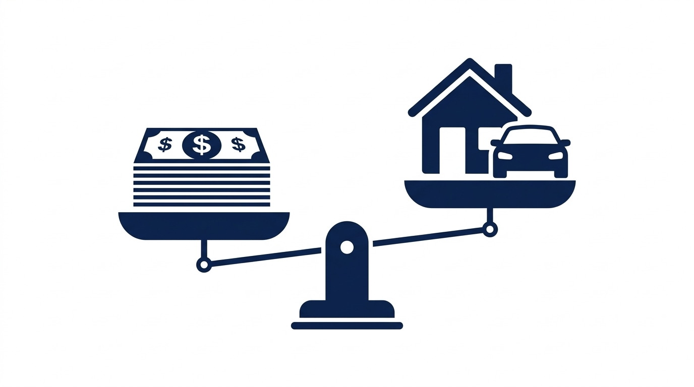 pie chart showing income and debt sections with person standing next to it
