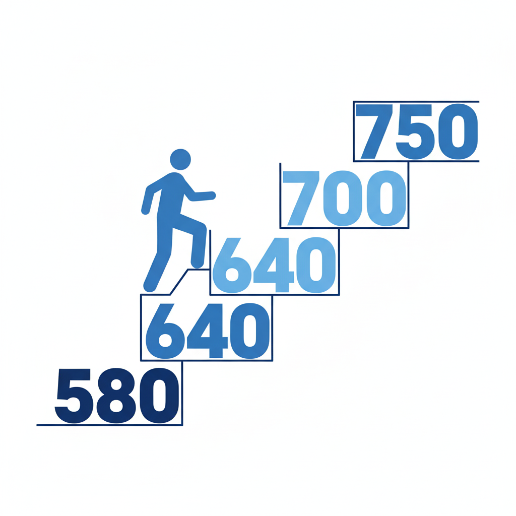 person climbing stairs made of credit score numbers illustration