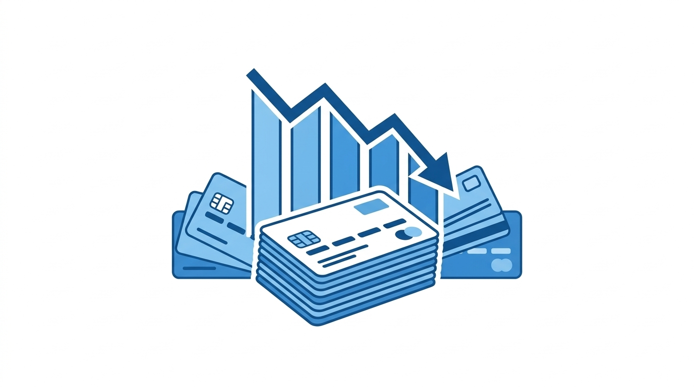 downward debt chart with stacked credit cards illustration