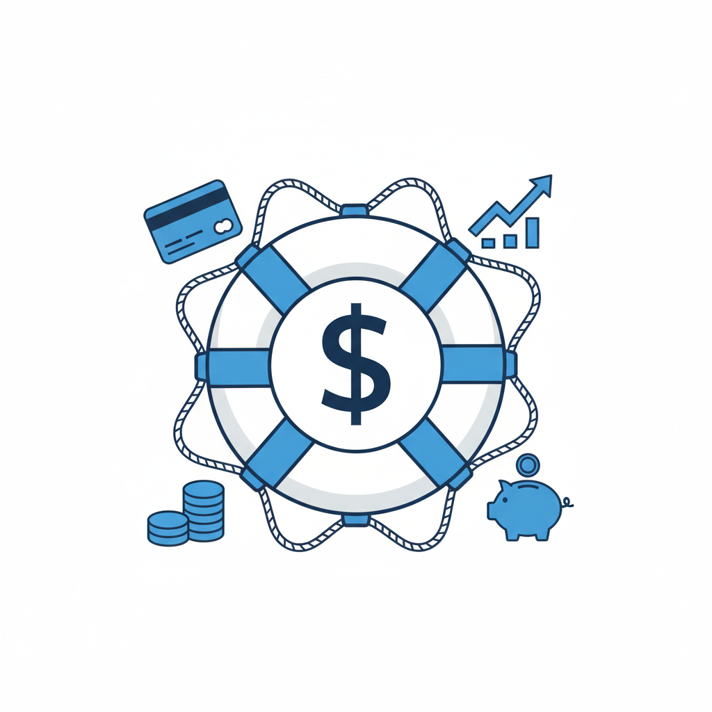 life preserver ring with financial symbols representing debt help