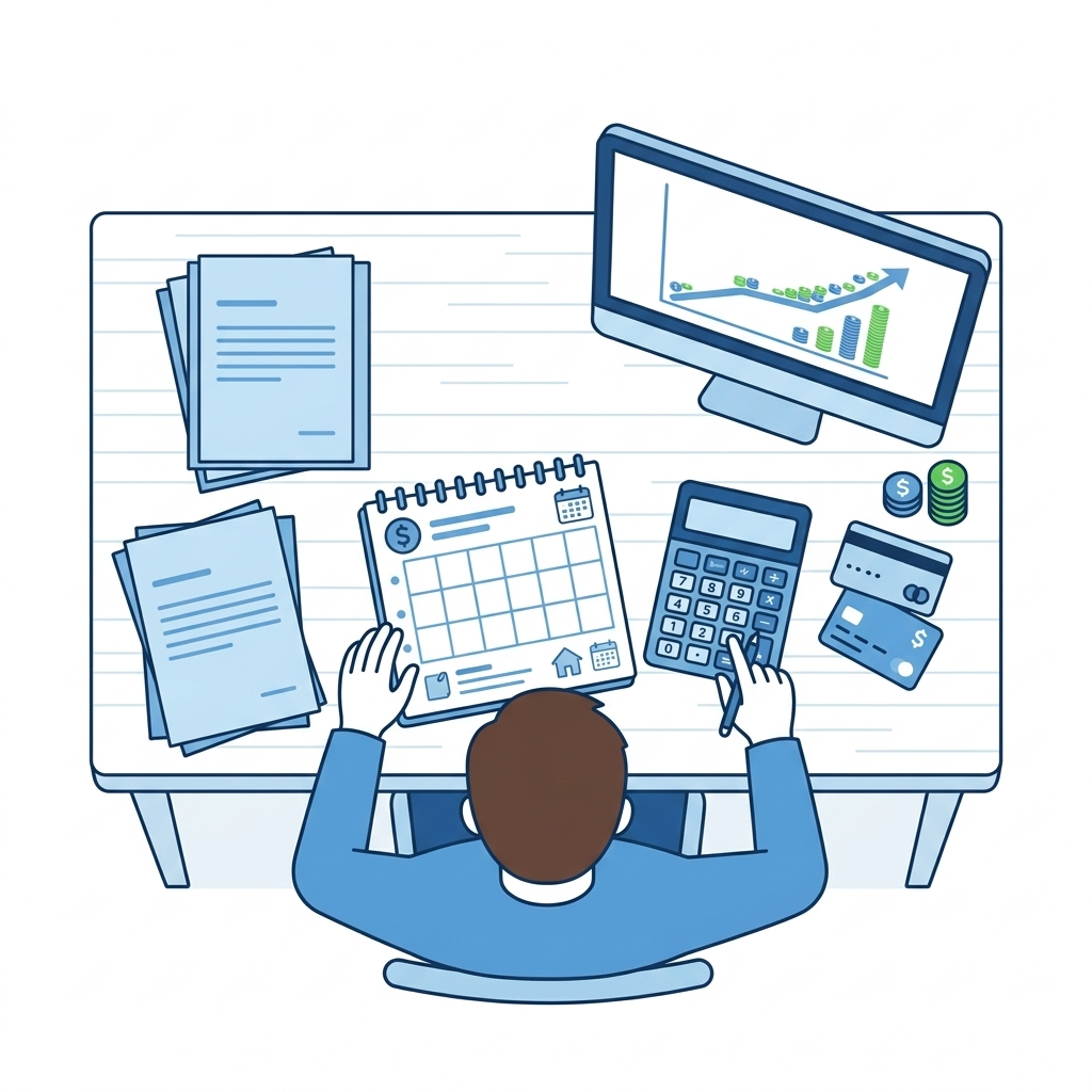 monthly calendar with debt payment milestones and decreasing debt chart