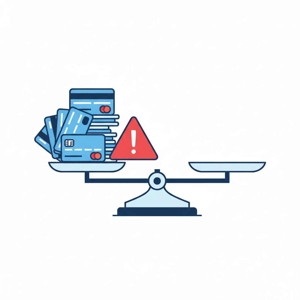 scale tipping under stack of credit cards with warning sign