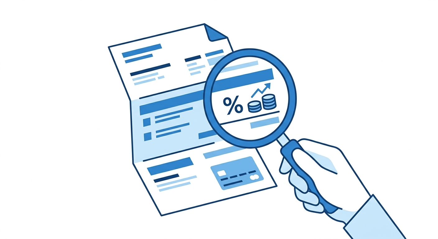 magnifying glass over credit card statement showing interest charges