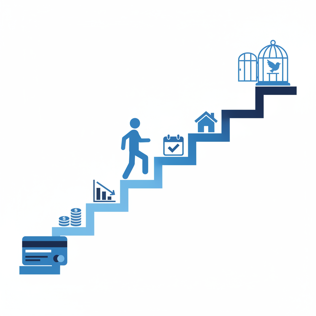 person walking out of debt hole toward sunshine illustration