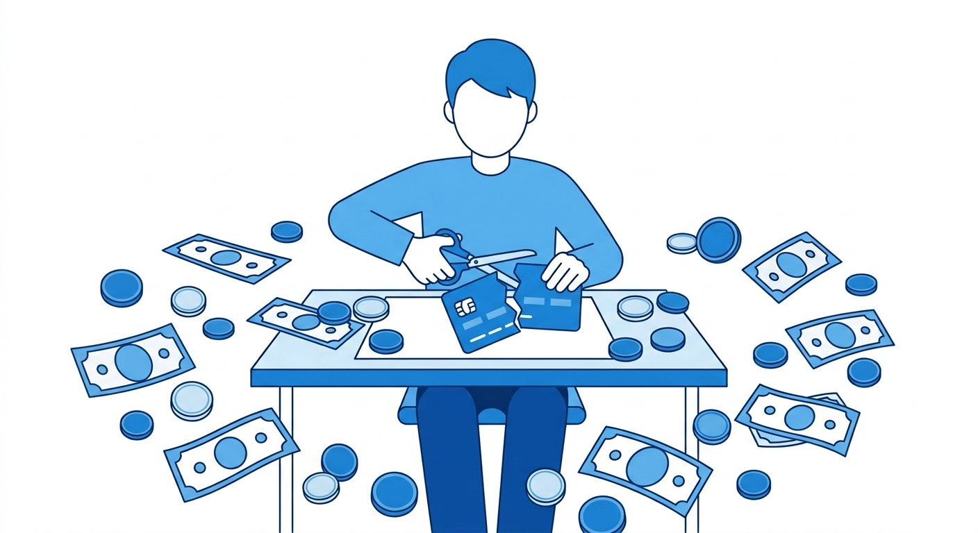 person cutting credit card with scissors to pay off debt fast