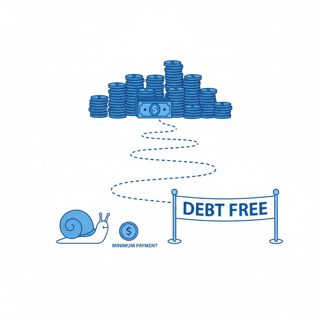 credit card with tiny payment coin next to large growing debt stack