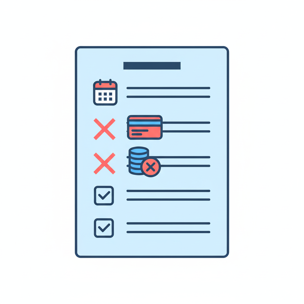 warning sign with credit card icons and X marks representing common mistakes