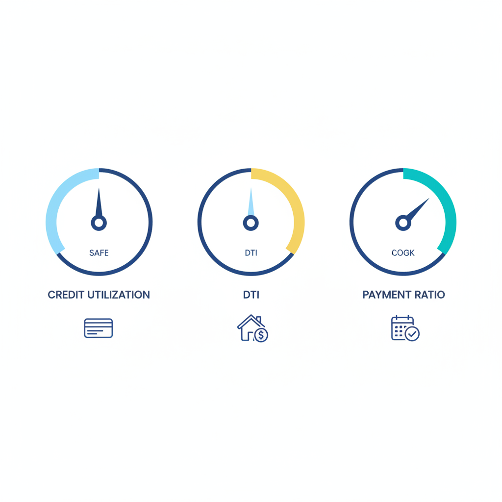 three benchmark meters showing credit utilization DTI and payment ratio