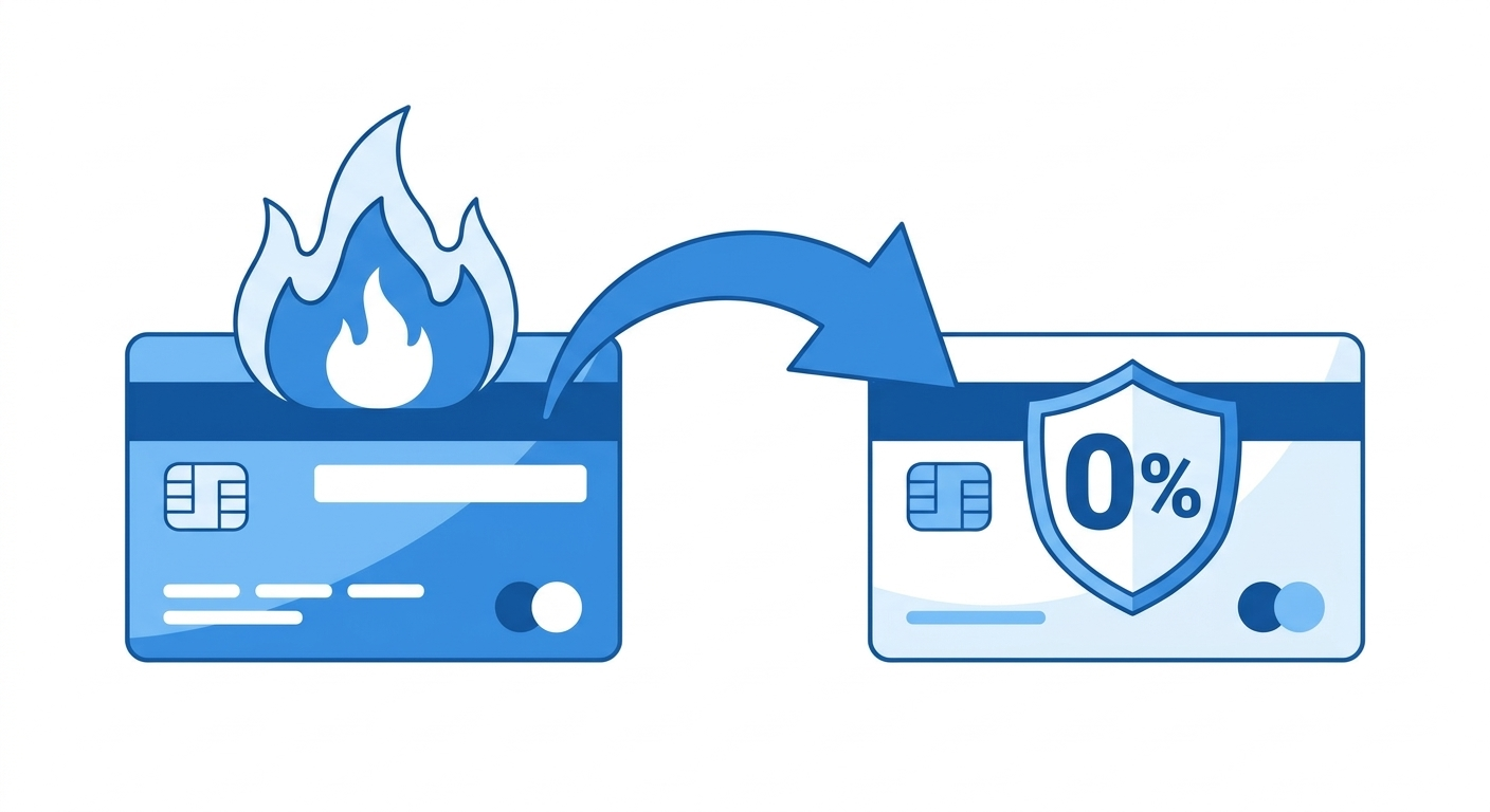 two credit cards with balance transfer arrow between them illustration